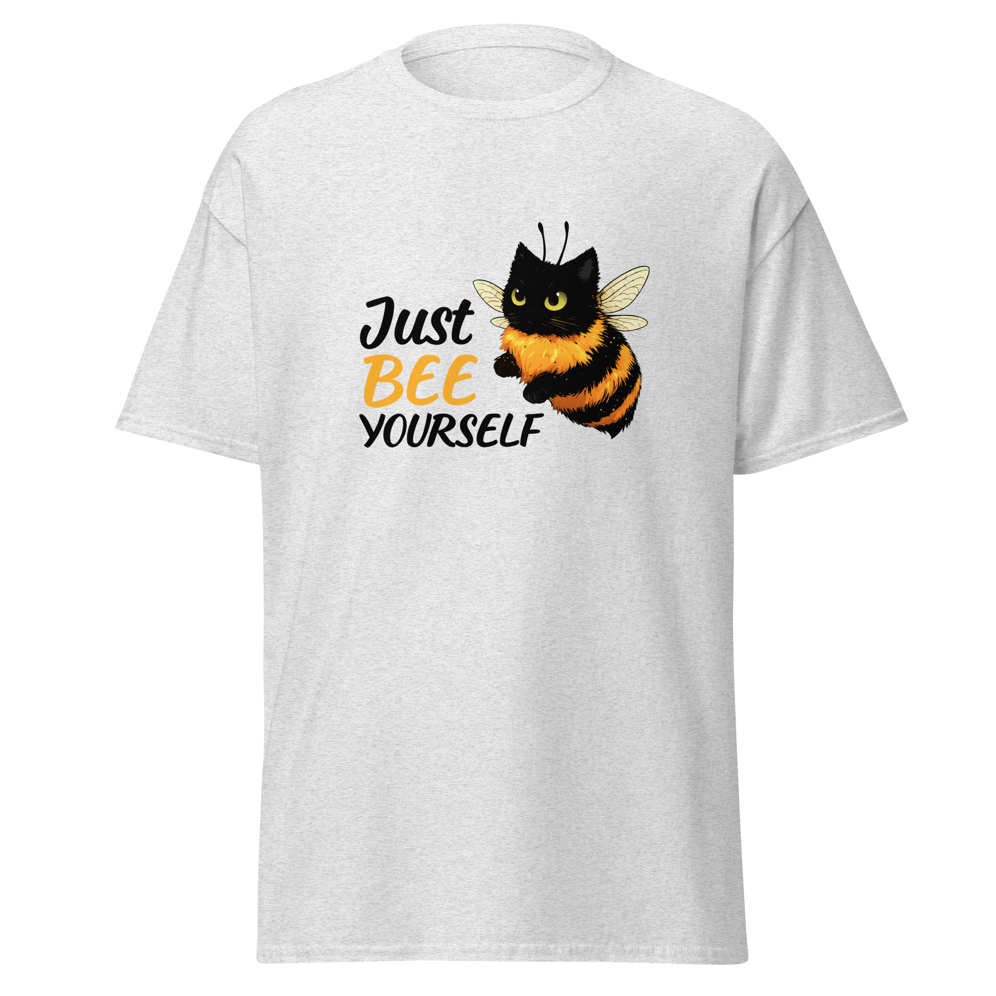 T-shirt gris avec illustration humoristique d’un chat déguisé en abeille et texte « Just Bee Yourself ».