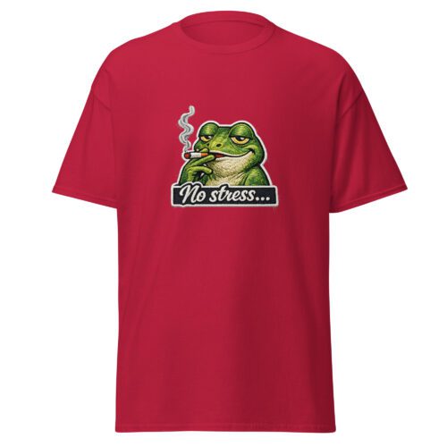 T-shirt no stress avec illustration de grenouille détendue fumant une cigarette, style broderie visuel humoristique et ironique.