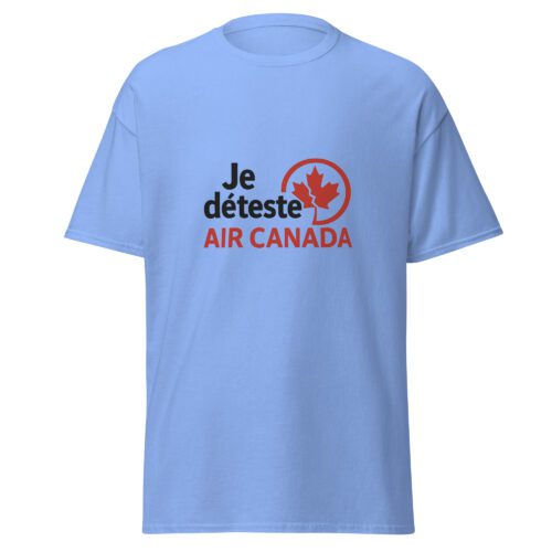 T-shirt Je déteste Air Canada bleu avec message humoristique et symbole inspiré du voyage en avion.