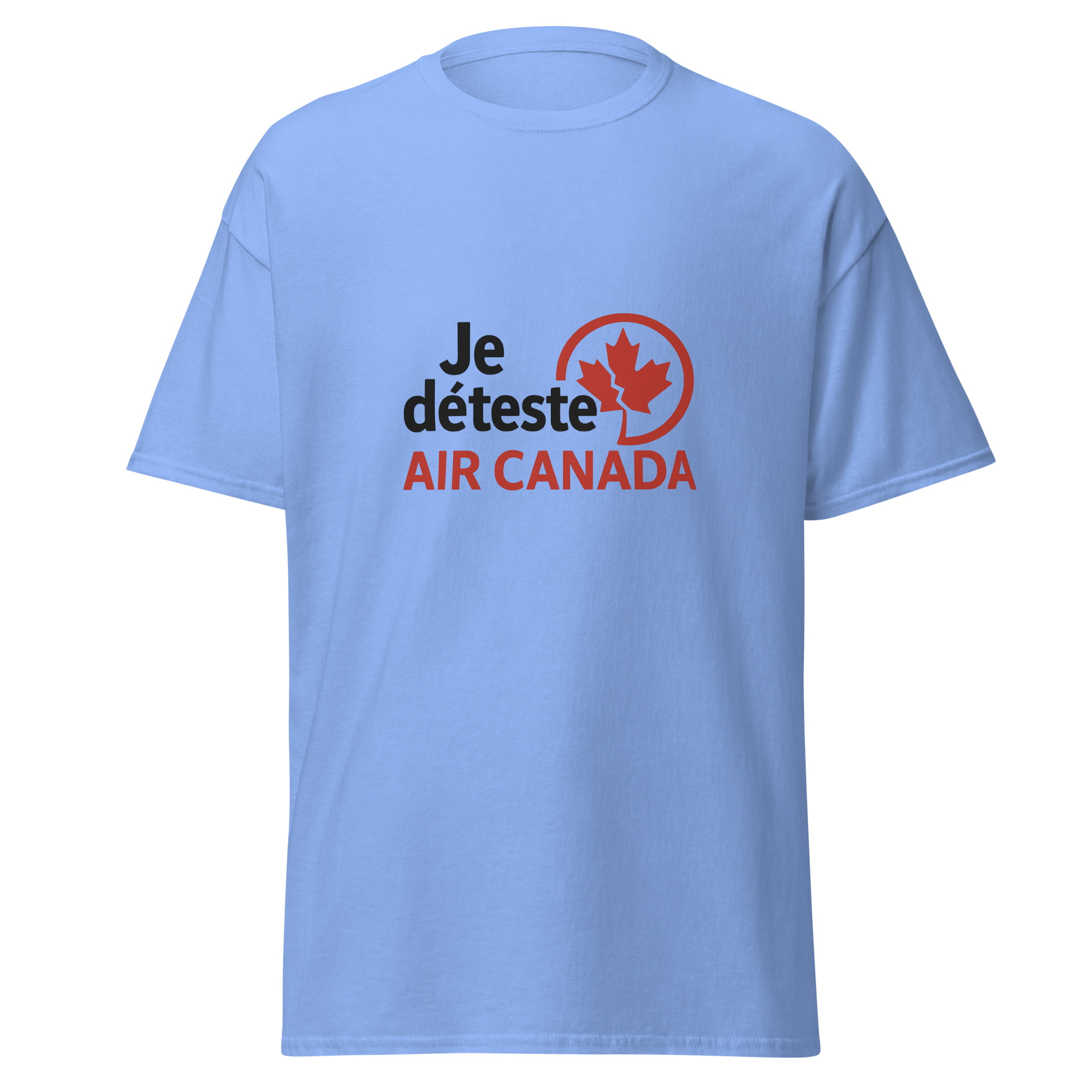 T-shirt Je déteste Air Canada bleu avec message humoristique et symbole inspiré du voyage en avion.