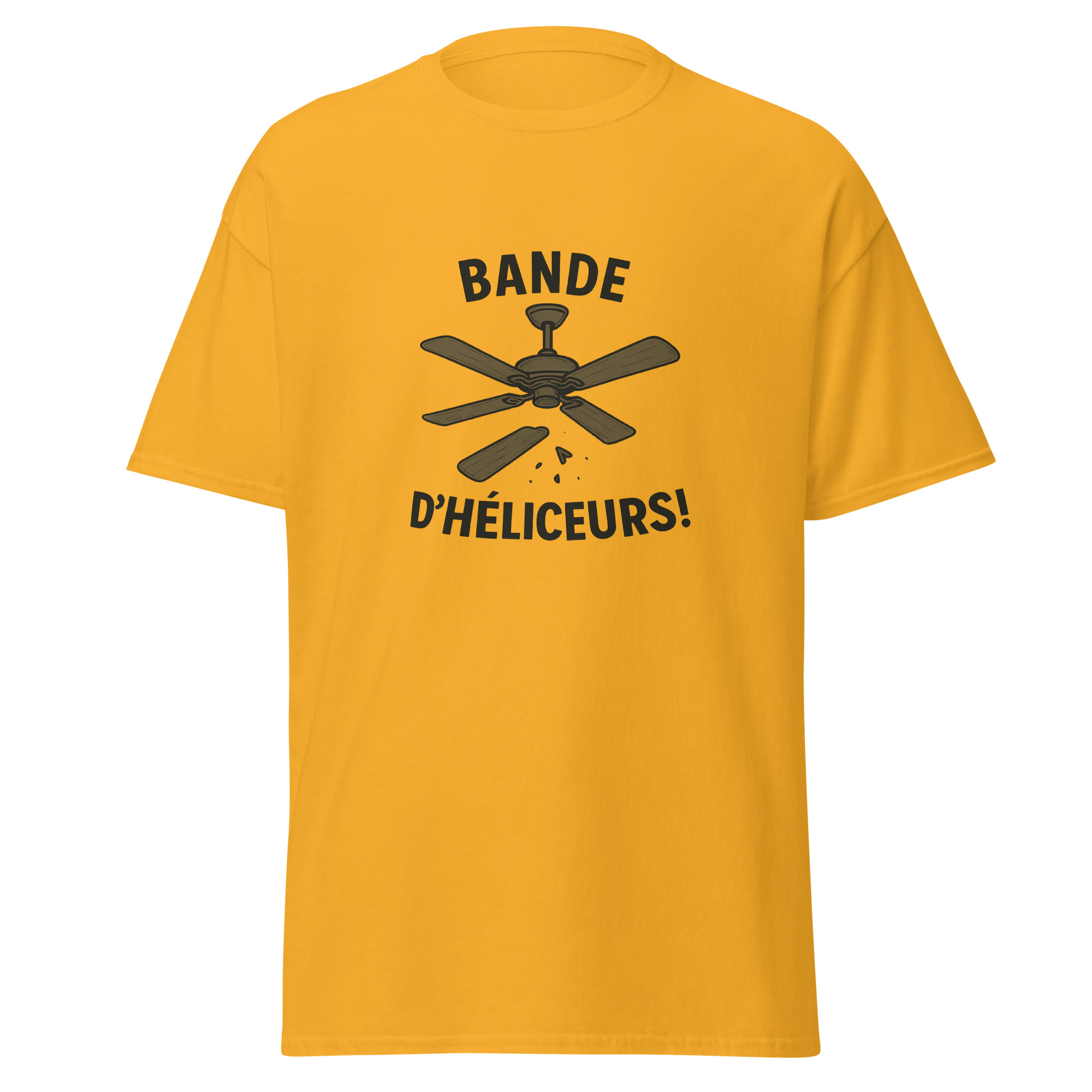 T-shirt Bande d’héliceurs jaune avec illustration humoristique d’un ventilateur de plafond et texte Bande d’héliceurs.