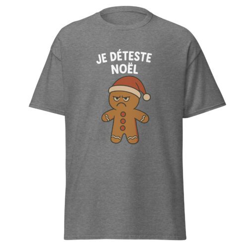 T-shirt Je déteste Noël gris avec illustration humoristique d’un biscuit de Noël fâché portant un bonnet du Père Noël.