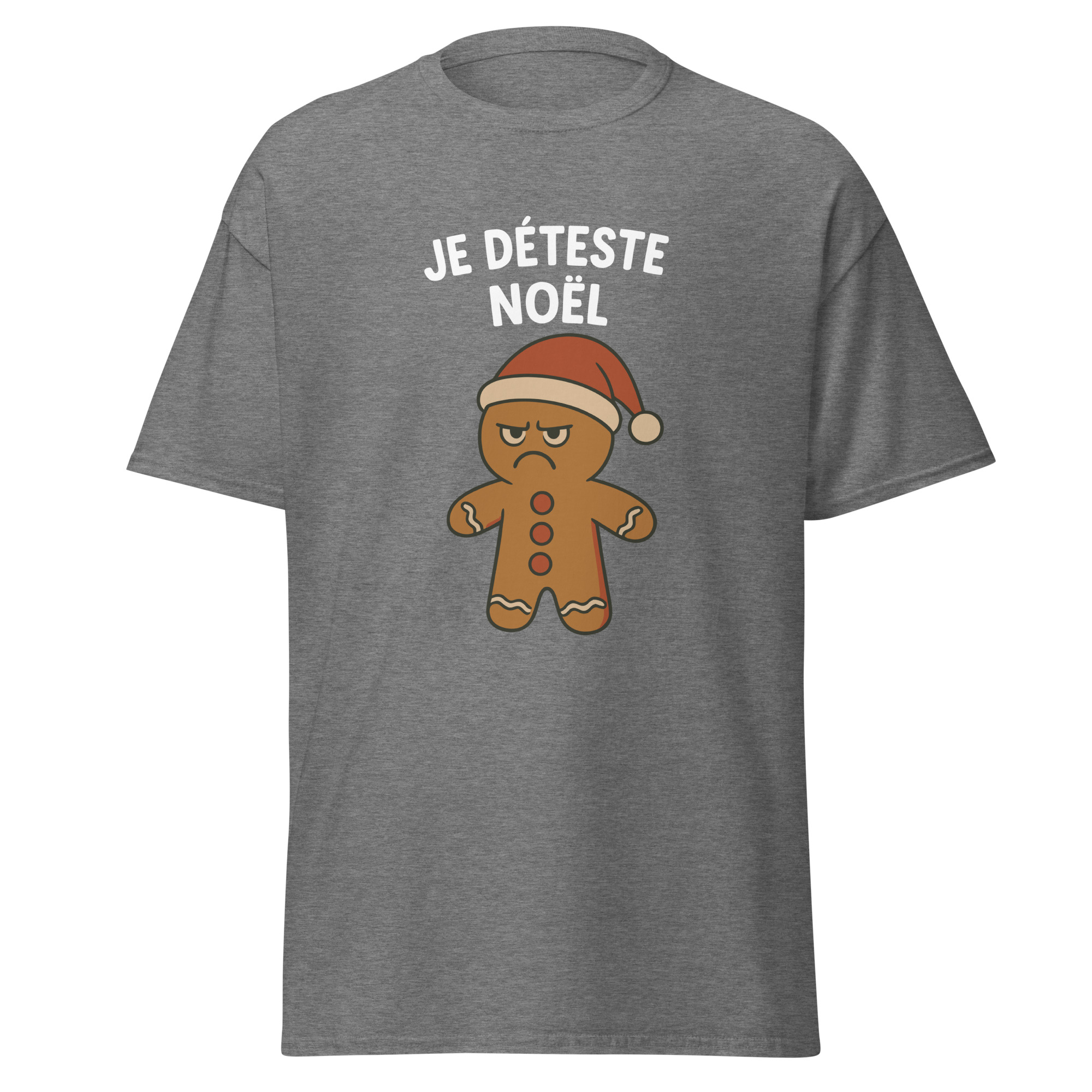 T-shirt Je déteste Noël gris avec illustration humoristique d’un biscuit de Noël fâché portant un bonnet du Père Noël.