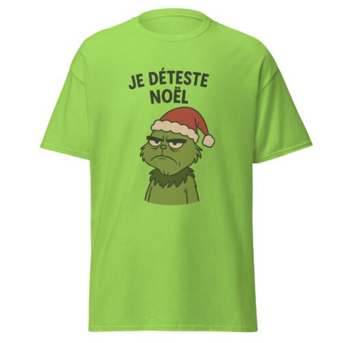 T-shirt Je déteste Noël vert avec illustration humoristique d’un personnage grincheux portant un bonnet de Noël.