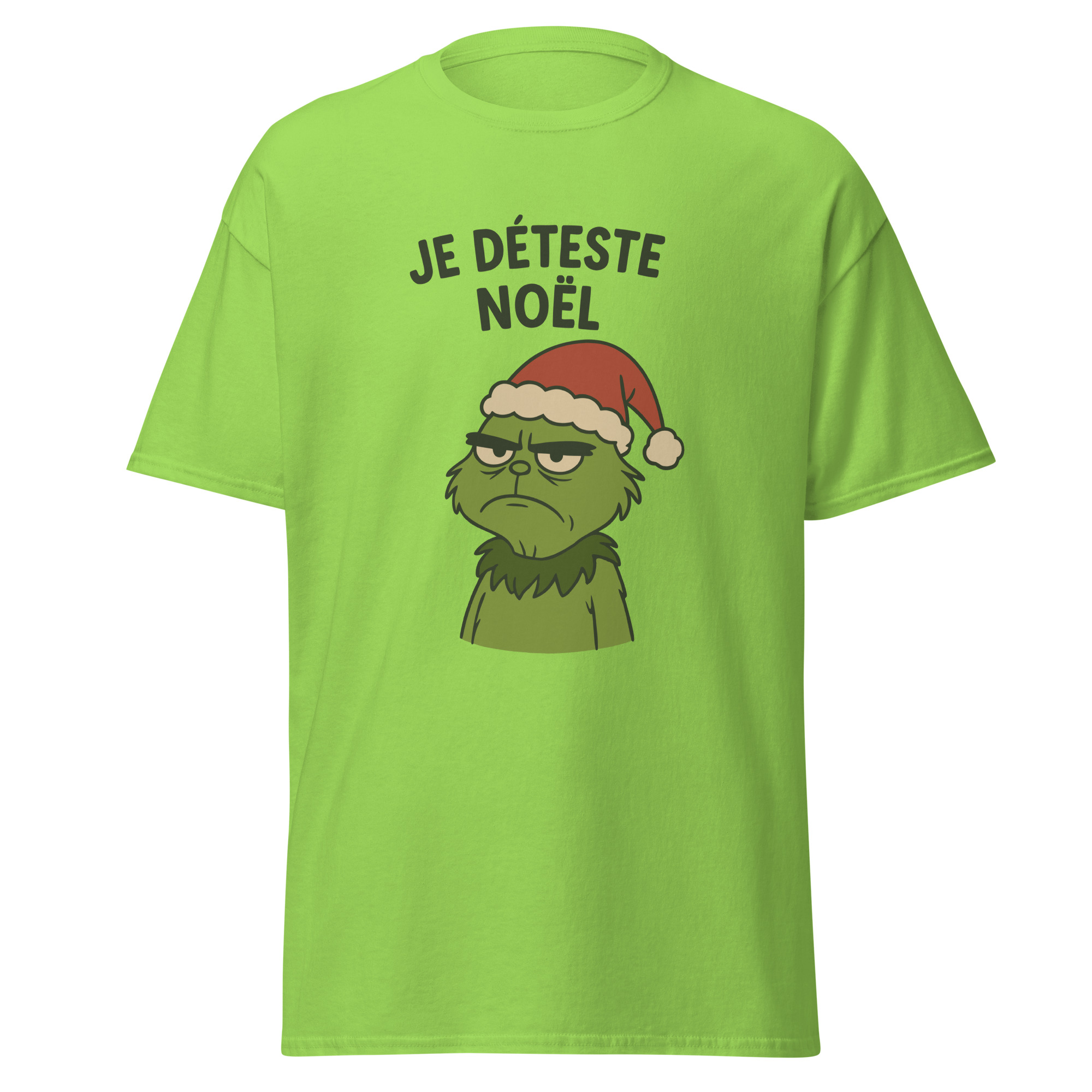 T-shirt Je déteste Noël vert avec illustration humoristique d’un personnage grincheux portant un bonnet de Noël.