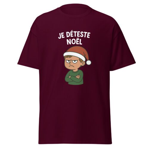 T-shirt Je déteste Noël bourgogne avec illustration humoristique d’un personnage fâché portant un bonnet de Noël.