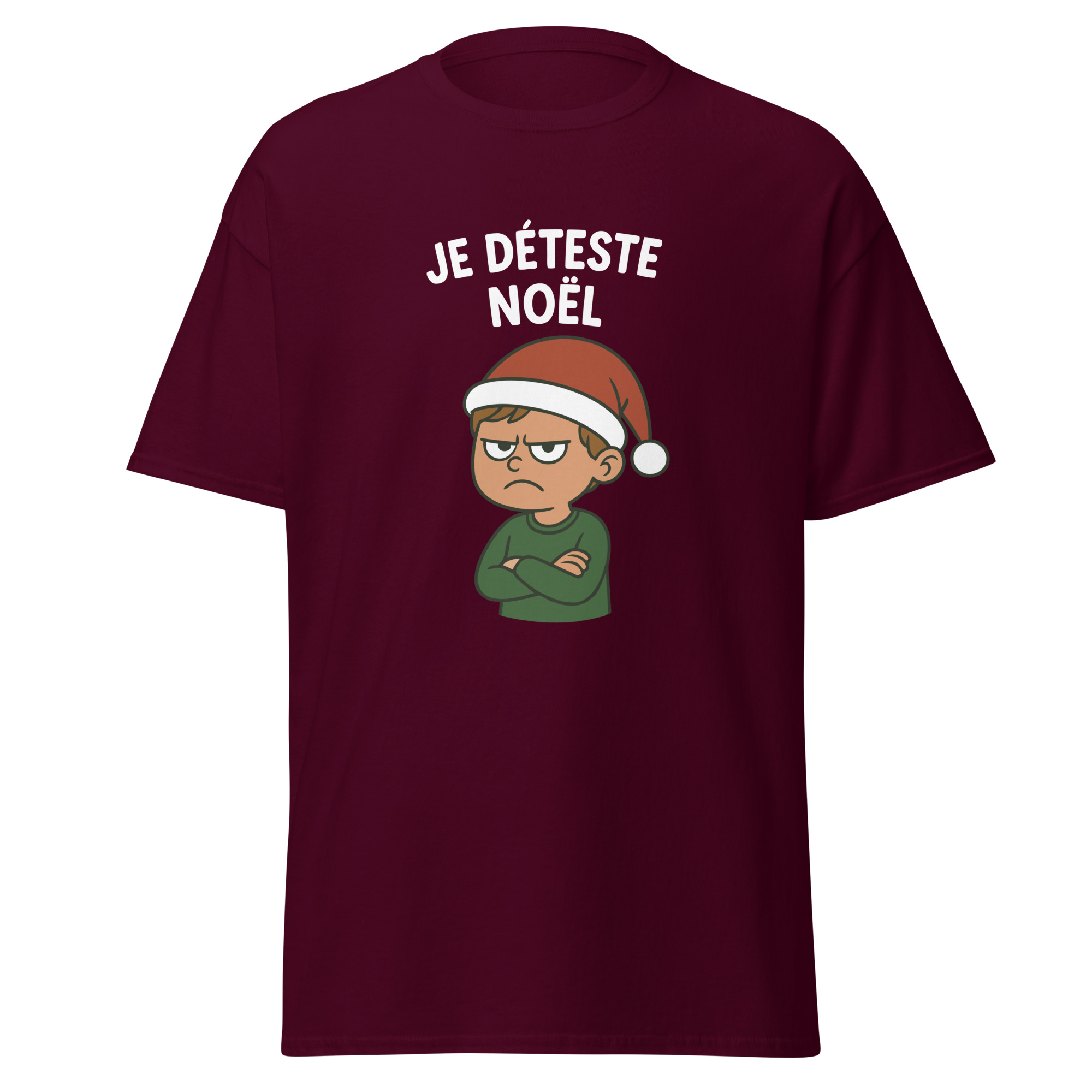 T-shirt Je déteste Noël bourgogne avec illustration humoristique d’un personnage fâché portant un bonnet de Noël.