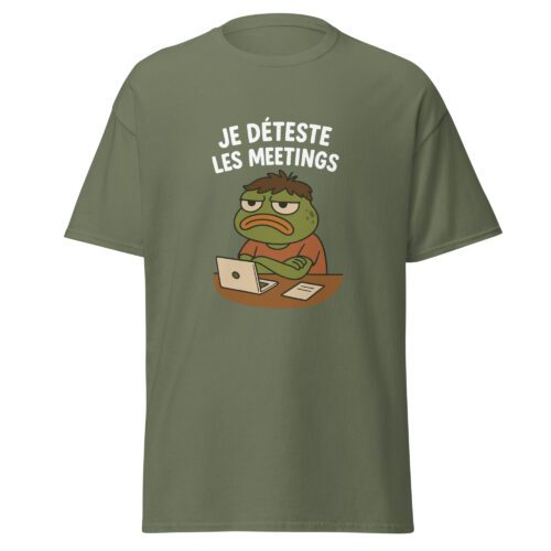 T-shirt Je déteste les meetings vert avec illustration humoristique d’un personnage blasé devant un ordinateur pendant une réunion.