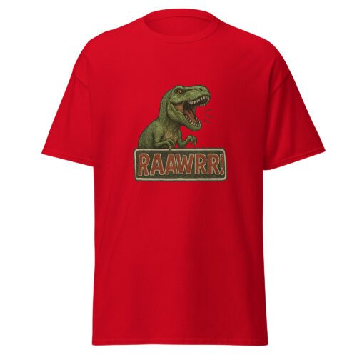 T-shirt rouge T-Rex RAAWRR avec illustration d’un dinosaure rugissant et texte « RAAWRR! » dans un style broderie.