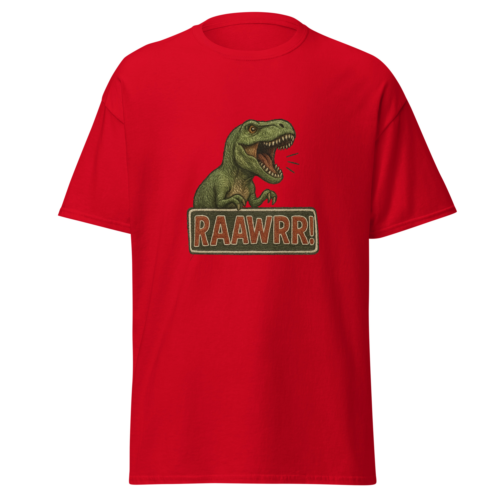 T-shirt rouge T-Rex RAAWRR avec illustration d’un dinosaure rugissant et texte « RAAWRR! » dans un style broderie.
