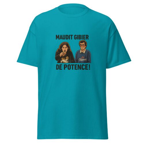 T-shirt Gibier de potence bleu avec illustration de deux personnages et texte Maudit gibier de potence.